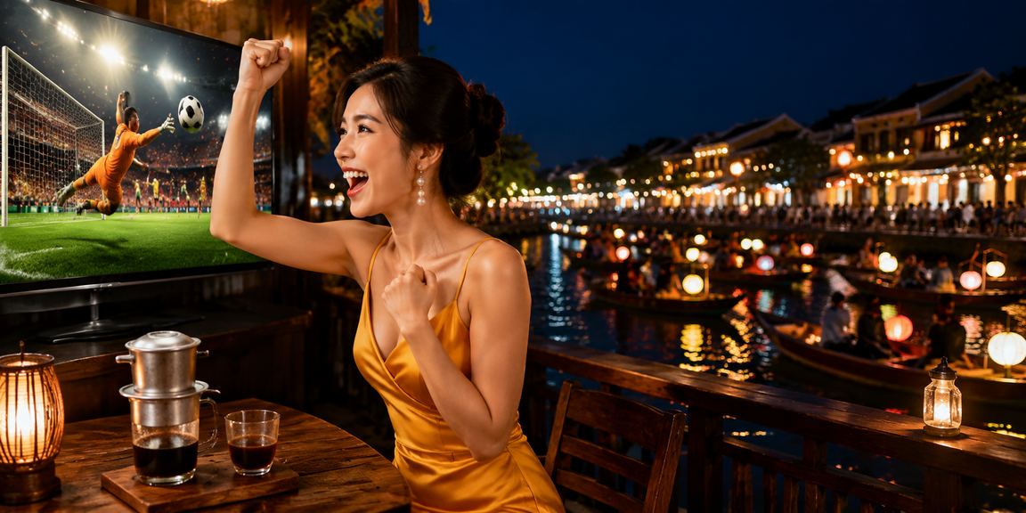 Khung cảnh giải trí buổi tối tại Hội An nơi người dùng trải nghiệm azw3 voucher qua điện thoại bên ly cà phê