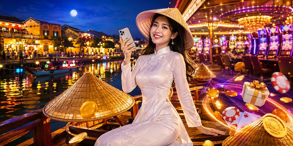 Người phụ nữ mặc áo dài truy cập casino trực tuyến qua điện thoại tại Hội An