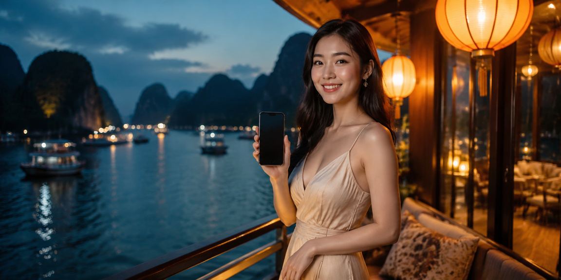 Người dùng nhập mã voucher azw3 trên điện thoại di động tại Hội An với đèn lồng lung linh xung quanh