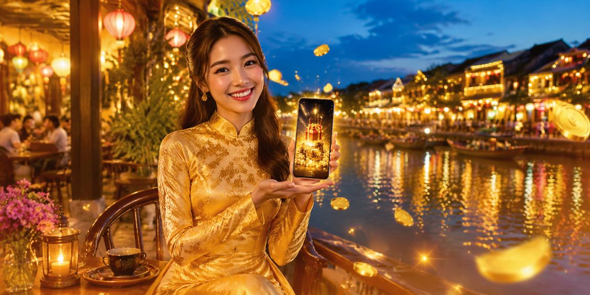 Phụ nữ mặc áo dài tại Hội An vui mừng nhận thưởng đăng ký mới trên điện thoại